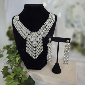Statement Silver and Crystal Rhinestone Articulated Necklace with Earrimgs Set